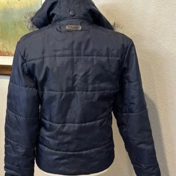 Authentic Burberry Navy Jacket with Faux Fur Hood